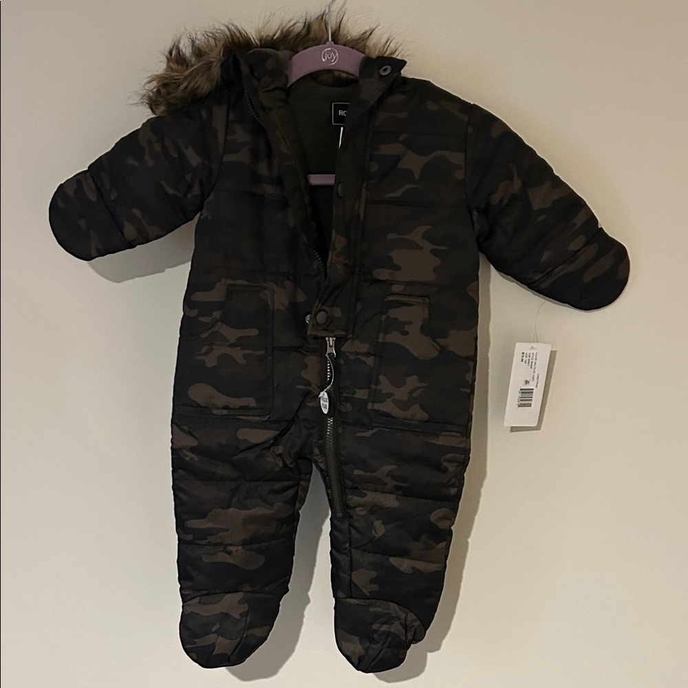 NWT Rothschild Olive Camouflage Baby Snowsuit with  Fur Hood Size 12M